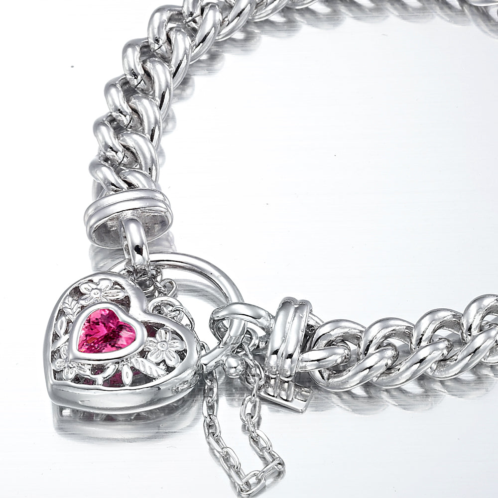 925 Sterling Silver Plated Euro Chain Bracelet with a Pink Filigree Locket - USA Made-2